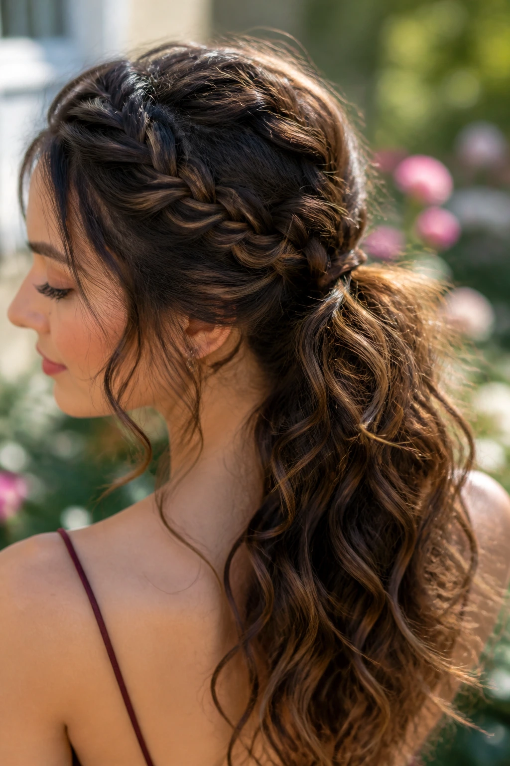 Real woman with textured butterfly braid pony and curls in sunny outdoor light