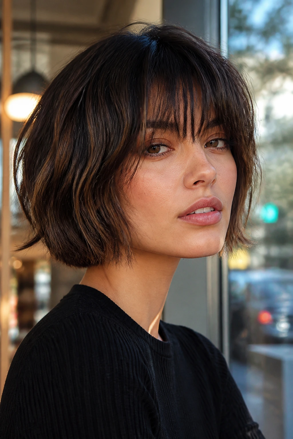 Close-up of a real woman wearing textured Italian bob with bottleneck bangs in sunlit cafe