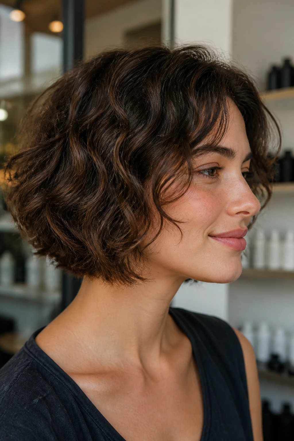 Close-up portrait of a real woman with textured Italian bob and loose wave perm