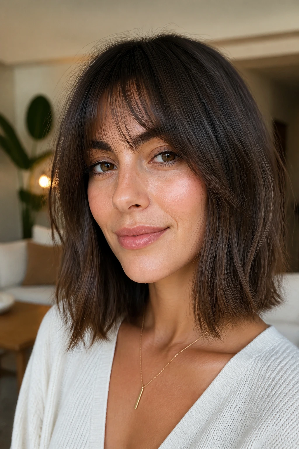 Portrait of a real person with textured lob and bottleneck bangs in a cozy living room
