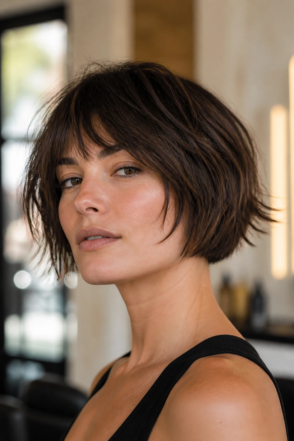 Close-up portrait of a real woman with a textured micro bob and piecey finish in a salon setting