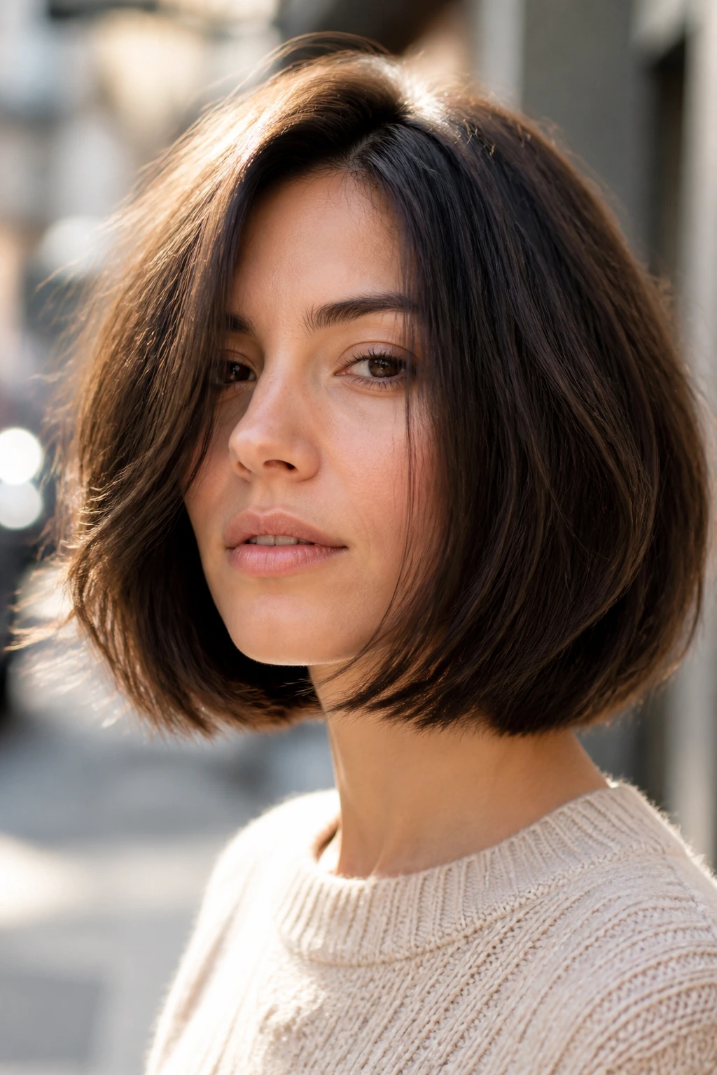 Real person with thick-hair bob and feathered, separated ends