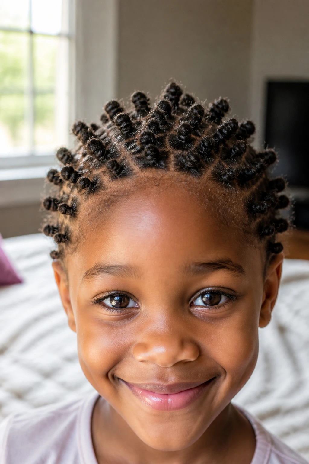 Close-up of a real child with tiny bantu knots on short natural hair.