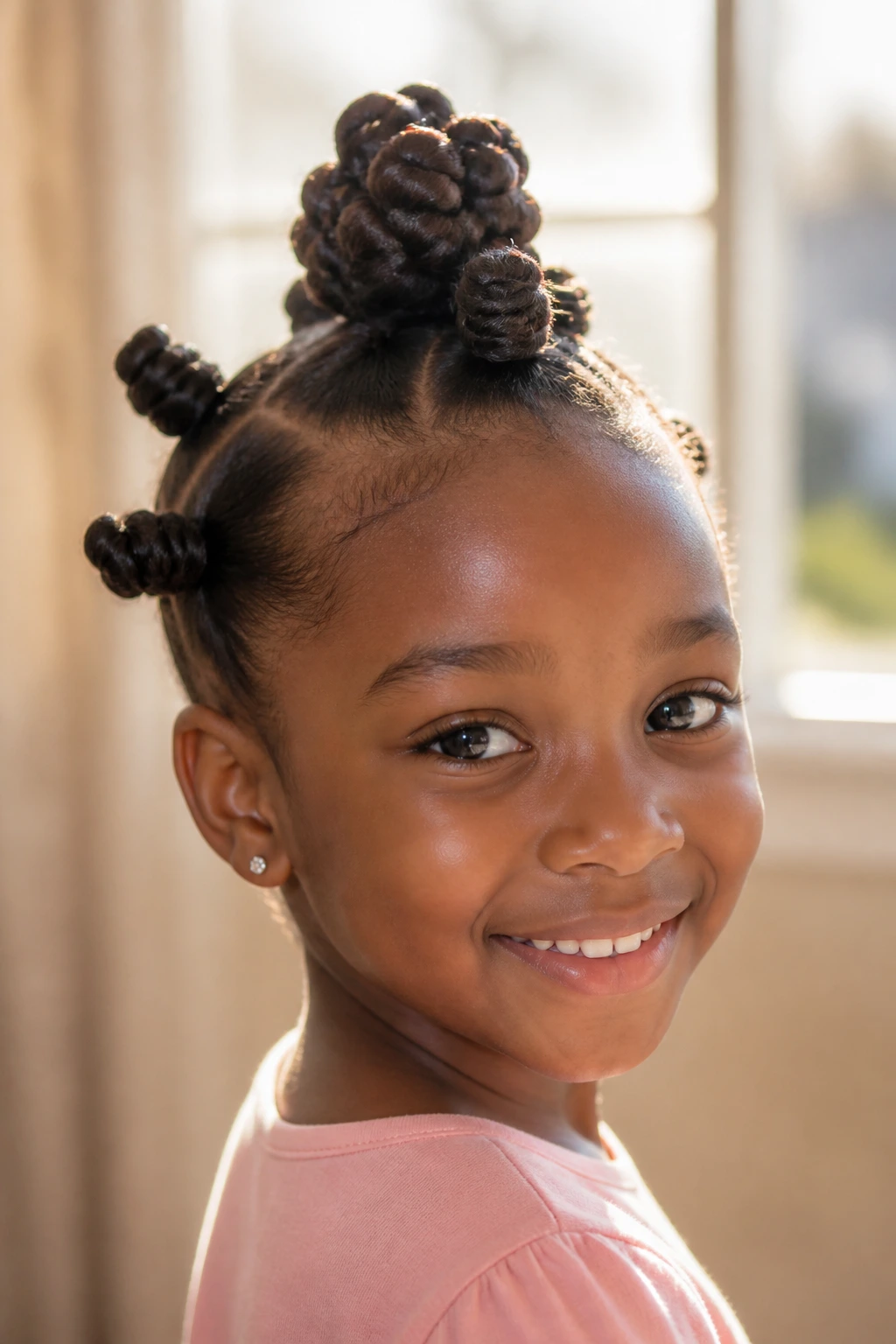 Child with a top-knot bantu knot bun at the crown
