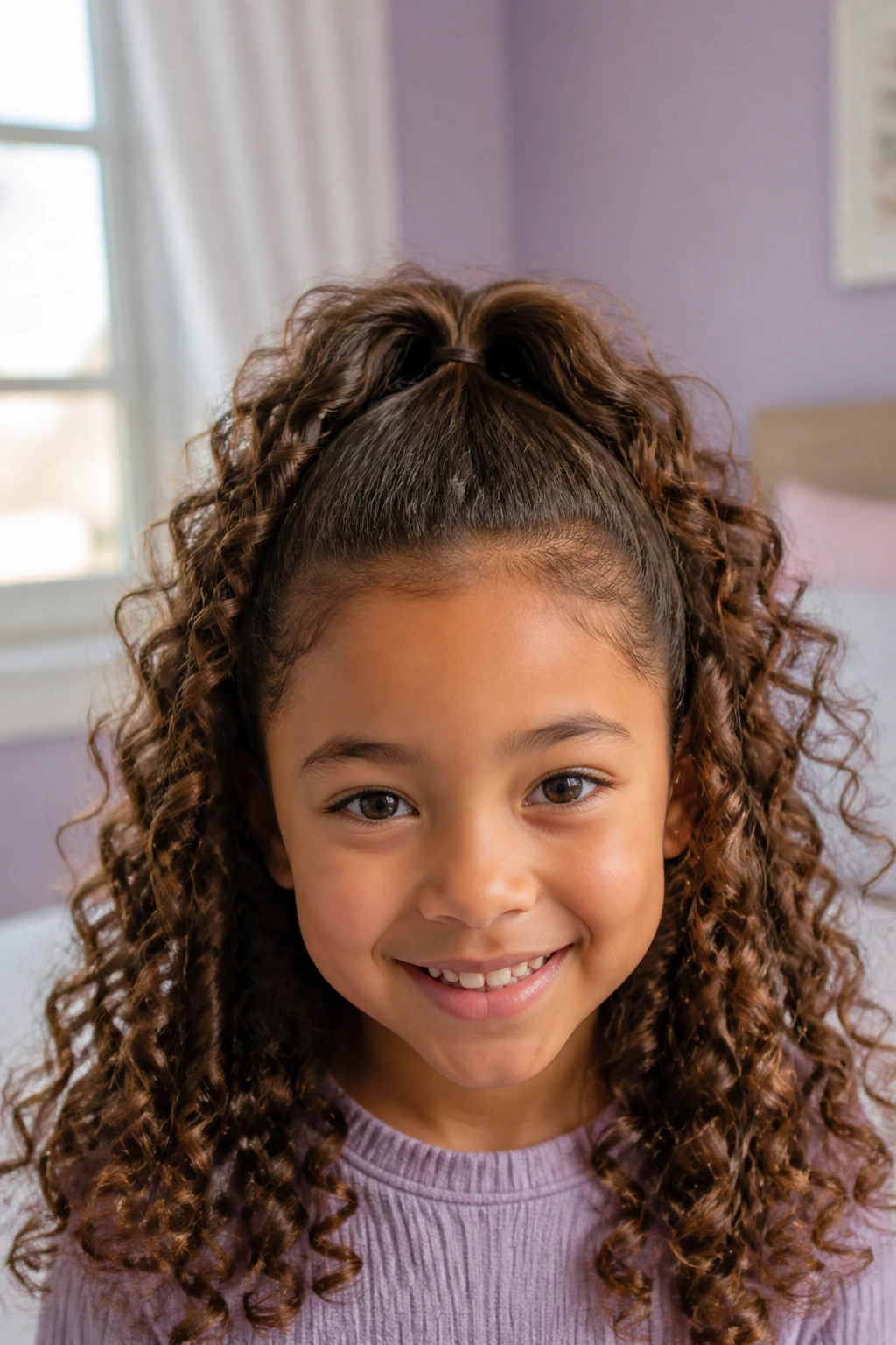 Close-up of a real child wearing a Topsy Tail Half-Up Style with curly hair and crown lift