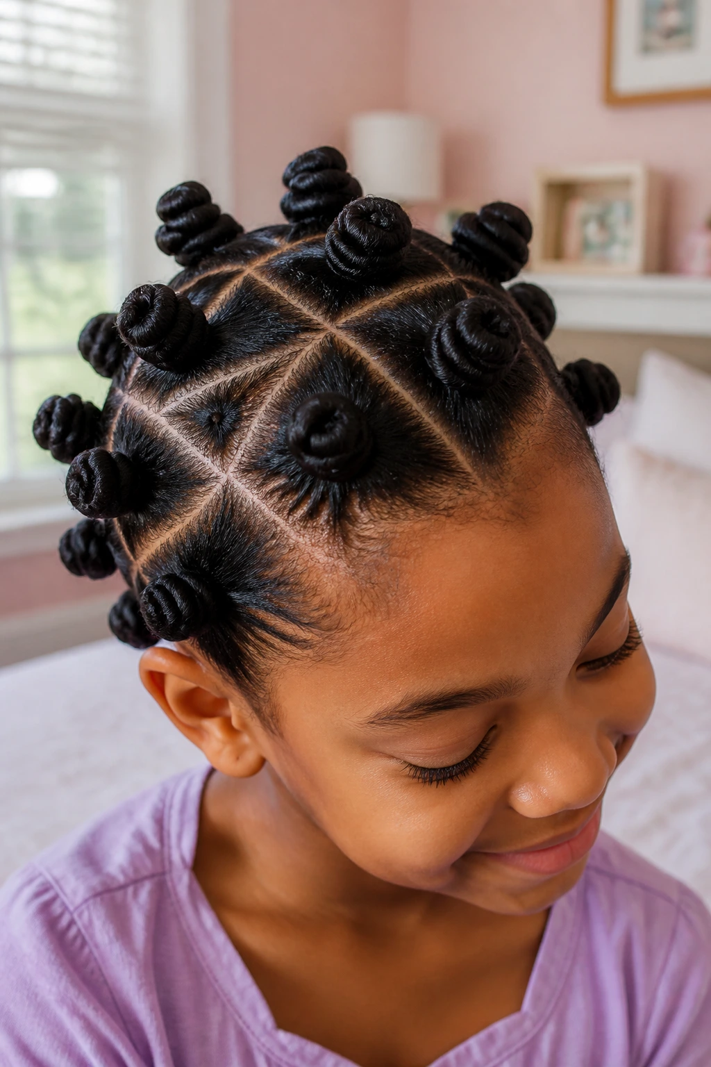 Close-up of a real child's triangle-part bantu knots with triangular scalp parts