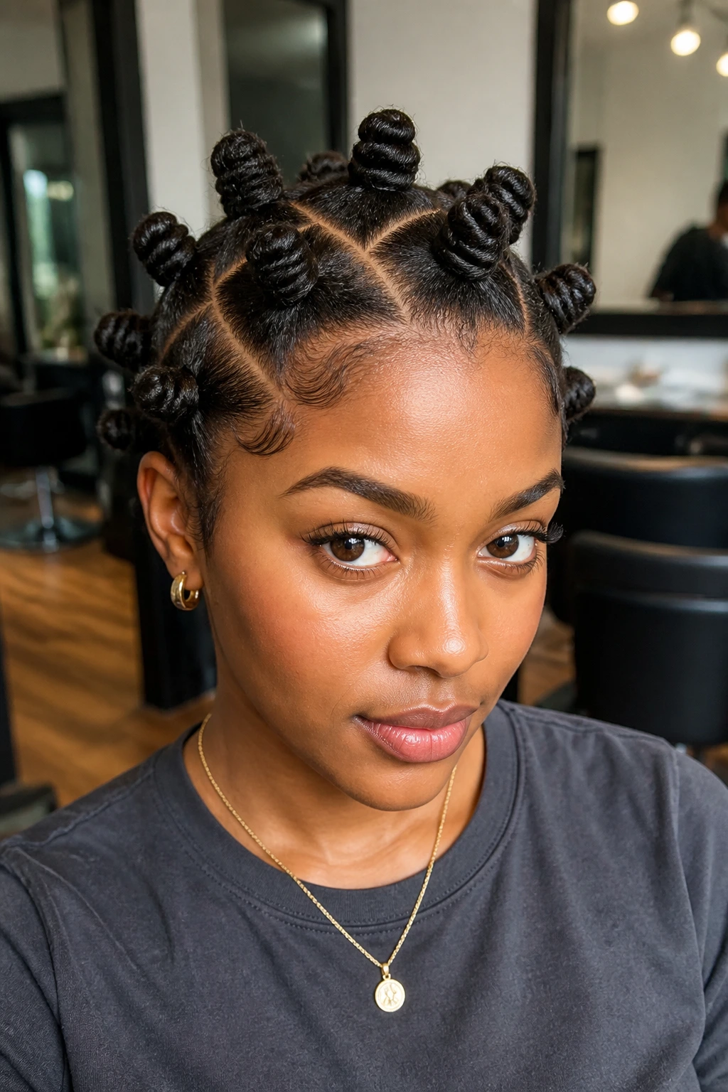 Close-up of triangle-part crochet Bantu knots on real person