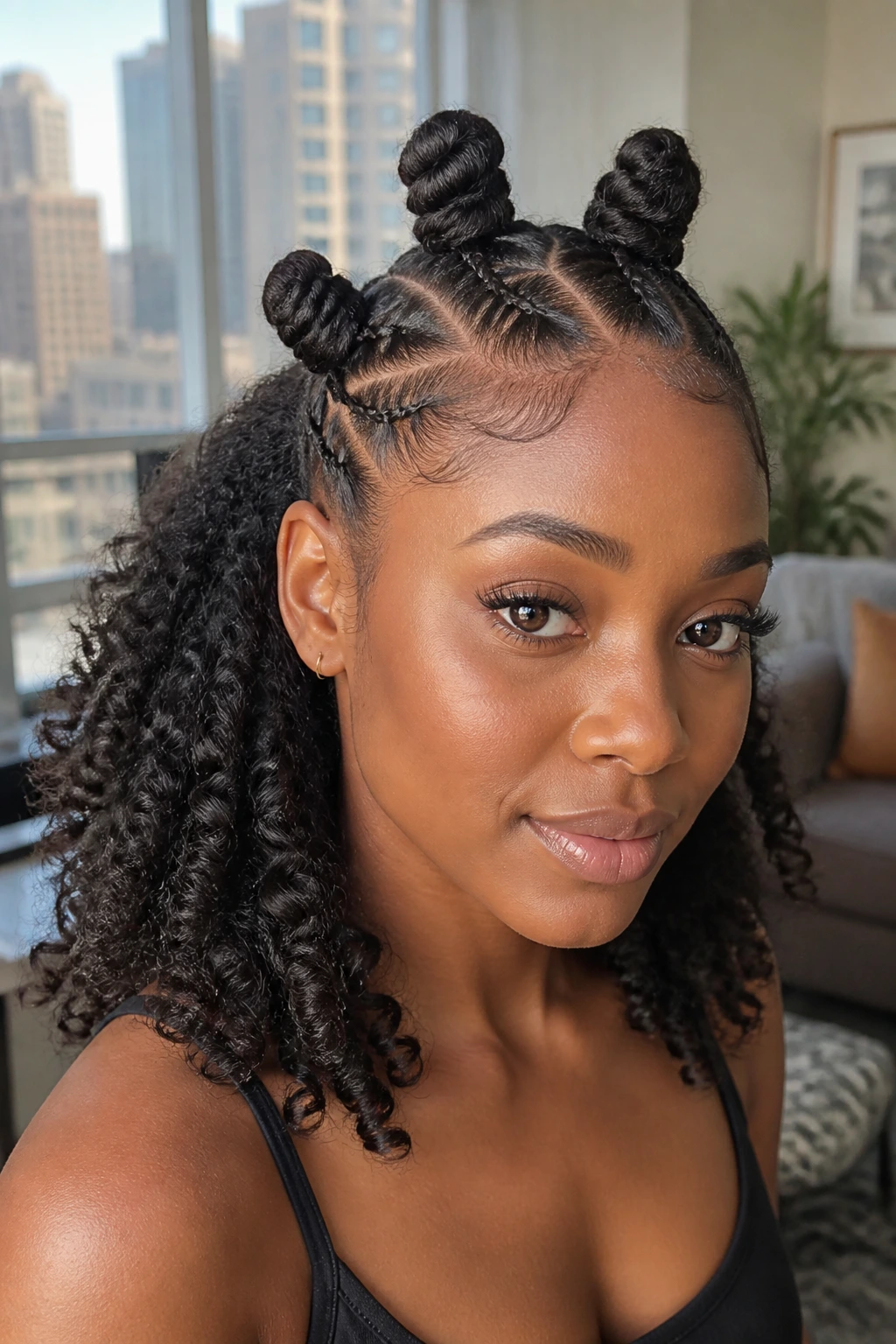 Close-up of triangle-part knots with twist-out base on a real woman.