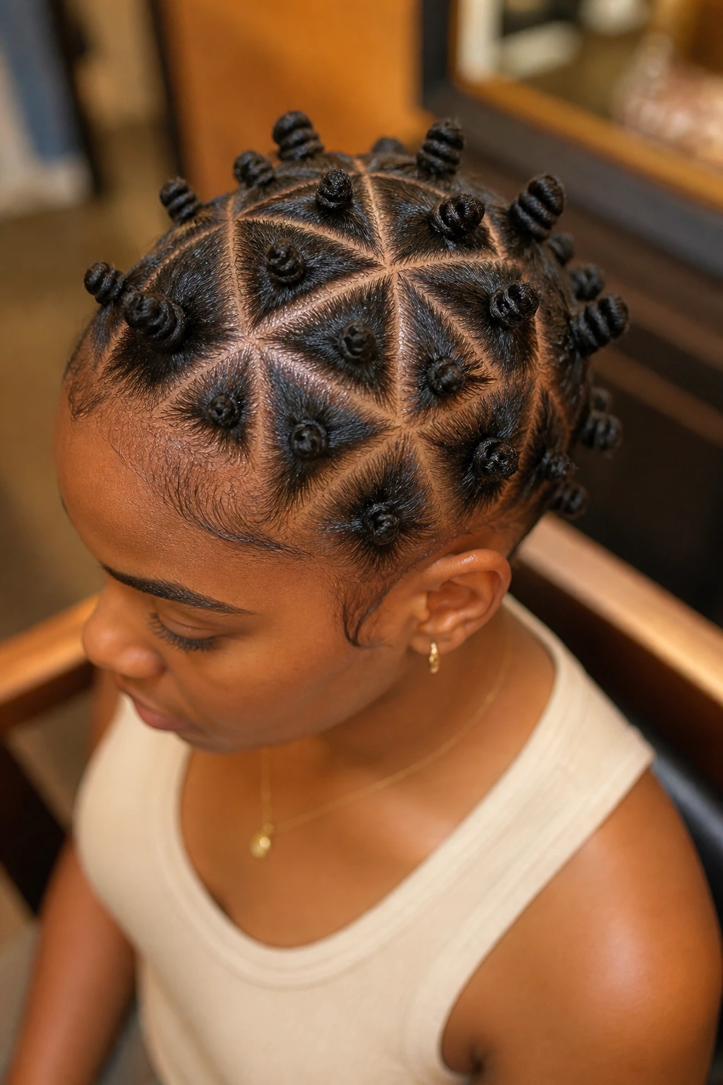 Close-up of triangle-parted scalp with tiny Bantu knots in warm salon lighting
