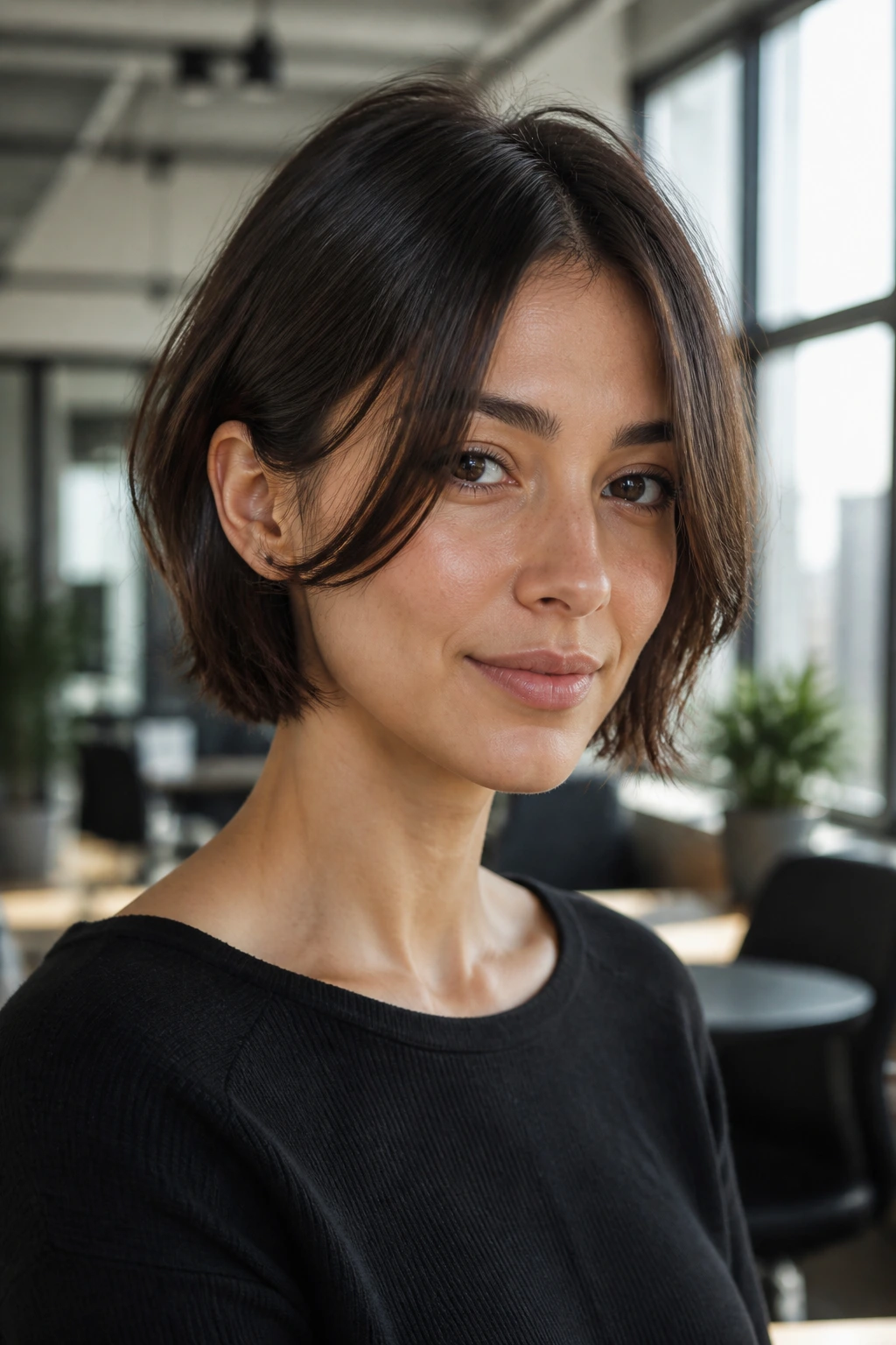 Real woman with tucked bob and long curtain bangs behind the ear in a sunlit office