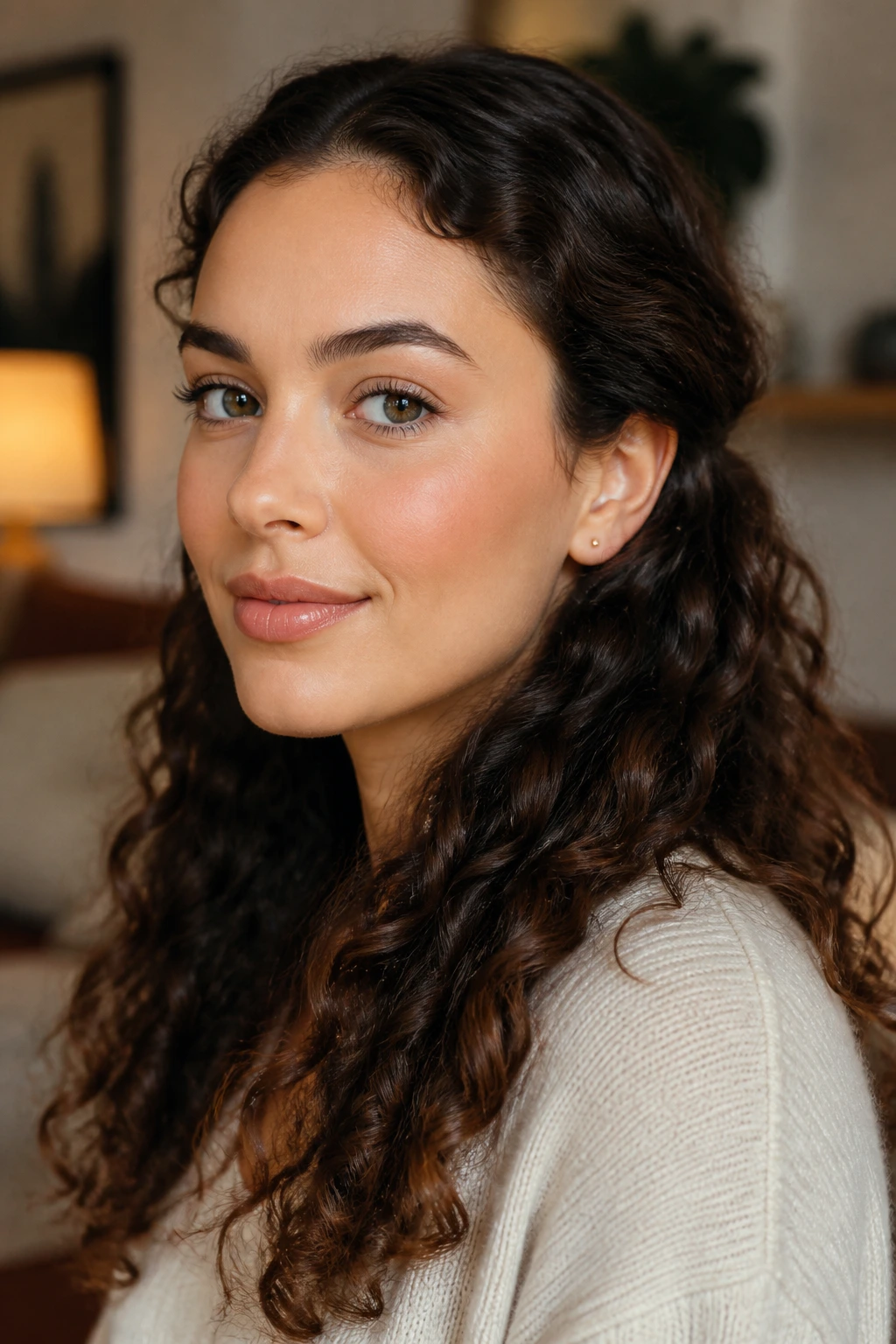 Real woman with front curls tucked behind the ears.