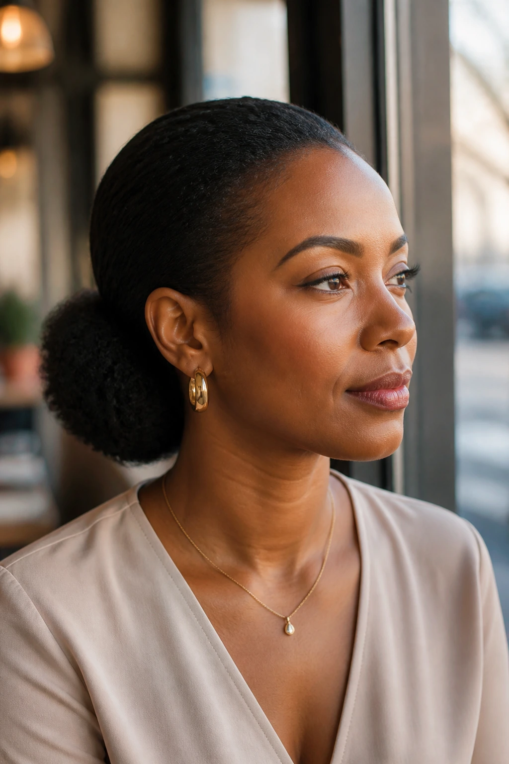 Profile view of a real woman wearing a tucked low afro puff ponytail with a neatly tucked base at the nape.