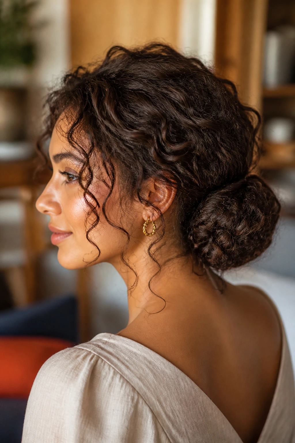 Close-up of a real woman with a tucked low roll at the nape