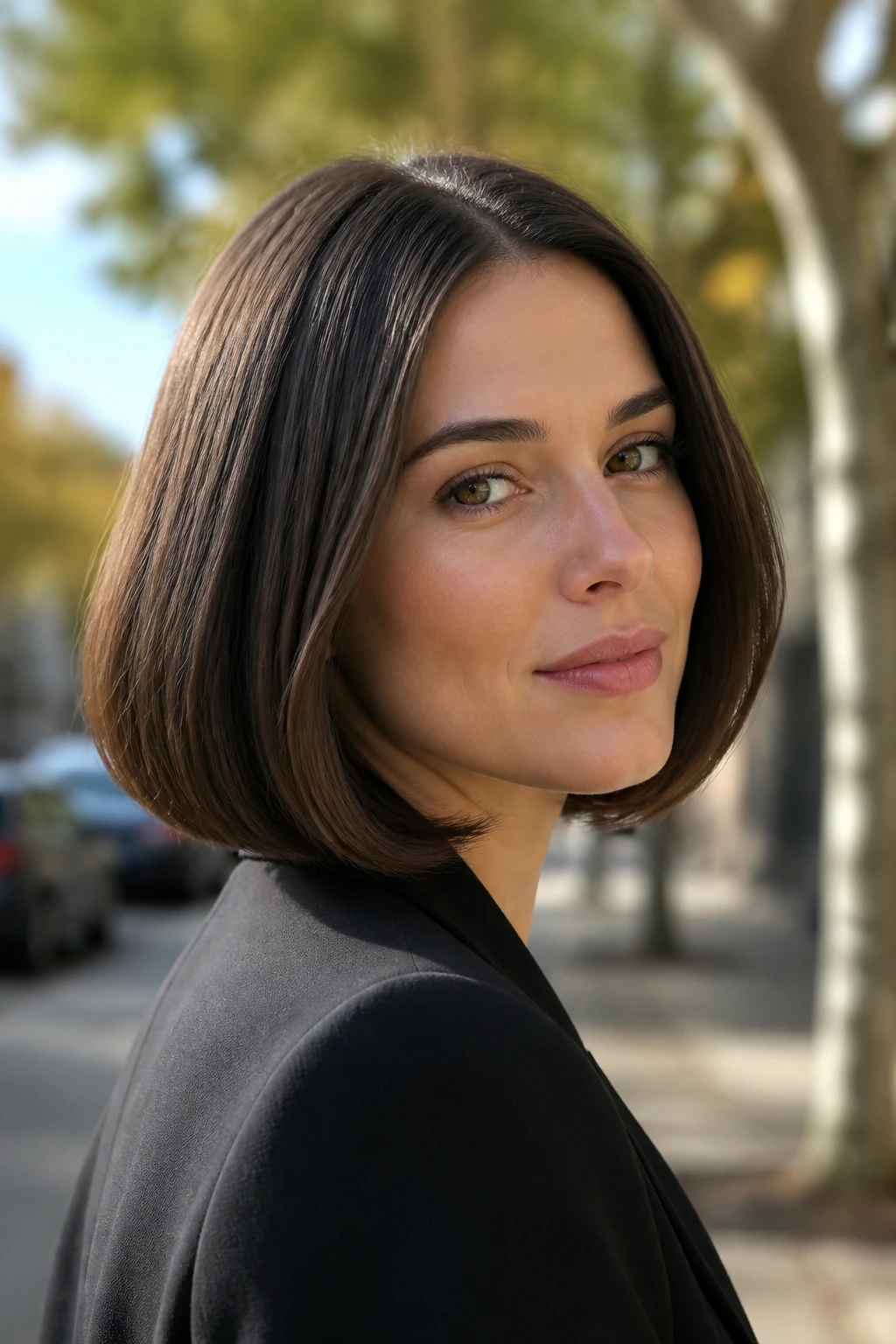 Close-up of real woman with a tucked-under bob and ends folded under in soft outdoor light.