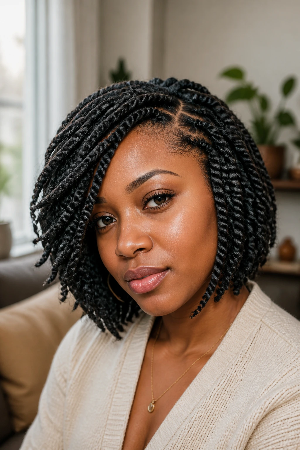 Close-up portrait of a real person with a side-swept twist bob framing the jawline