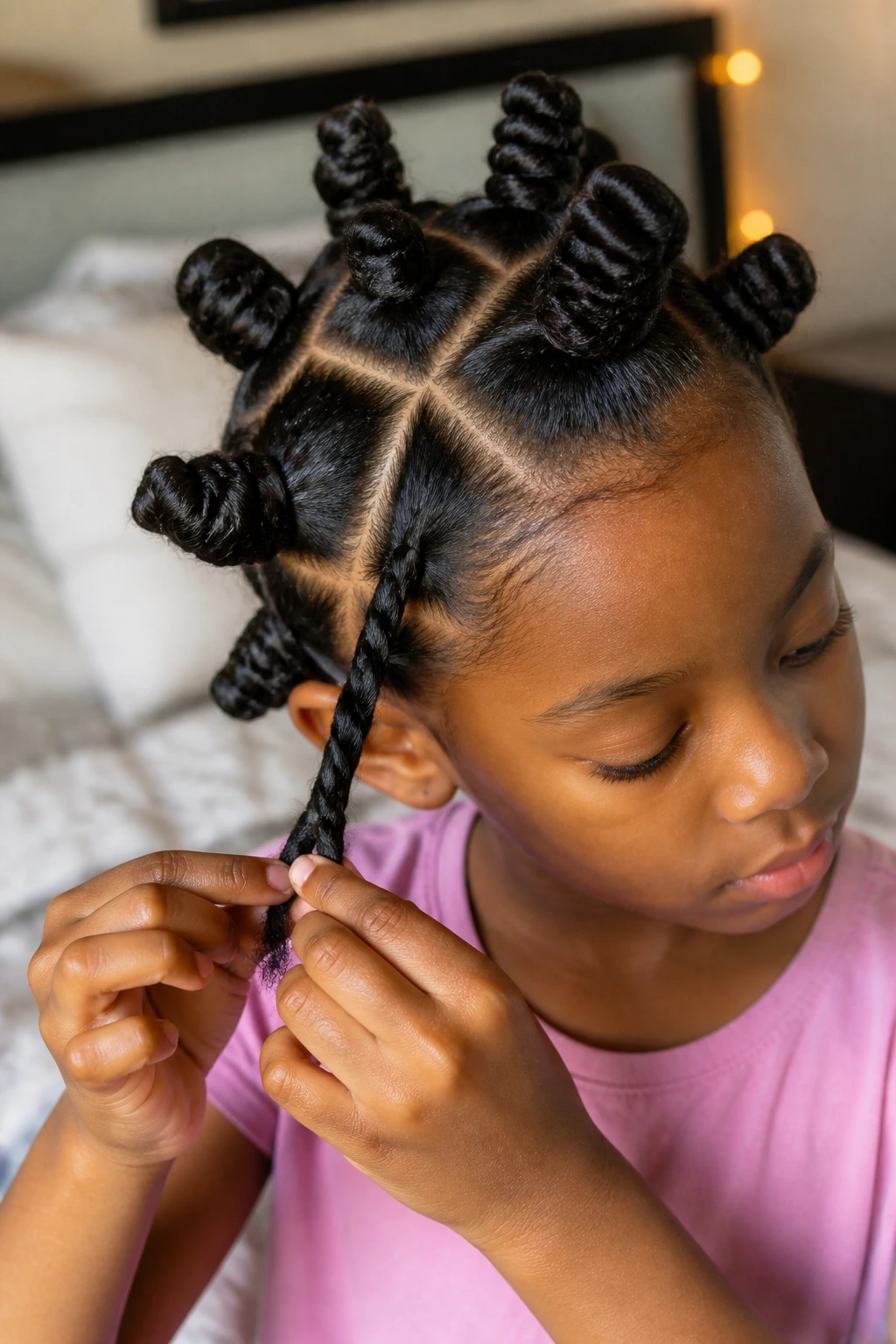 Child with twist-and-knot bantu knots for smoother finish