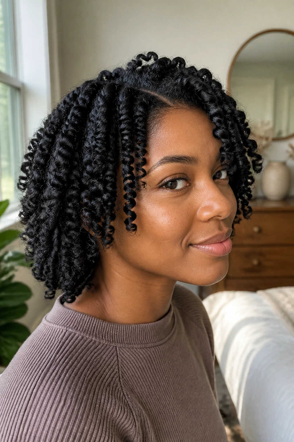 Close-up portrait of a real woman with a two-strand twist-out hairstyle