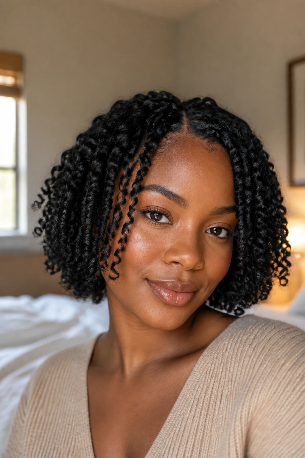 Close-up portrait of a woman with a chin-length twist out bob on natural hair, lit by natural window light