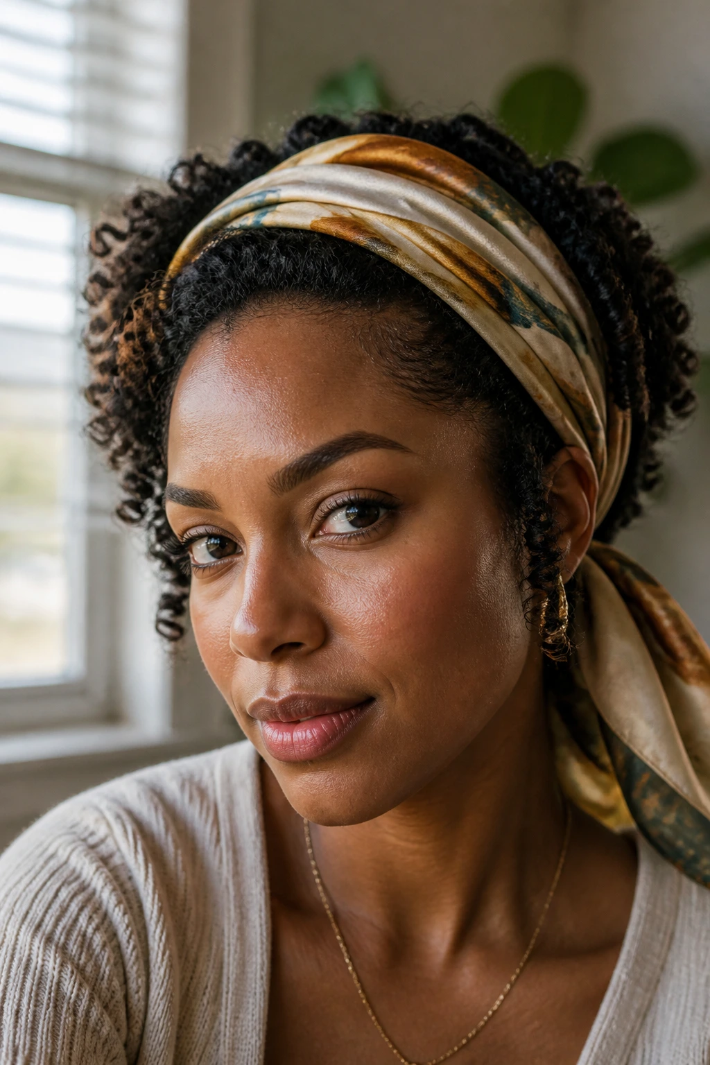 Close-up of a real woman with twist-out curls framed by a scarf at the hairline