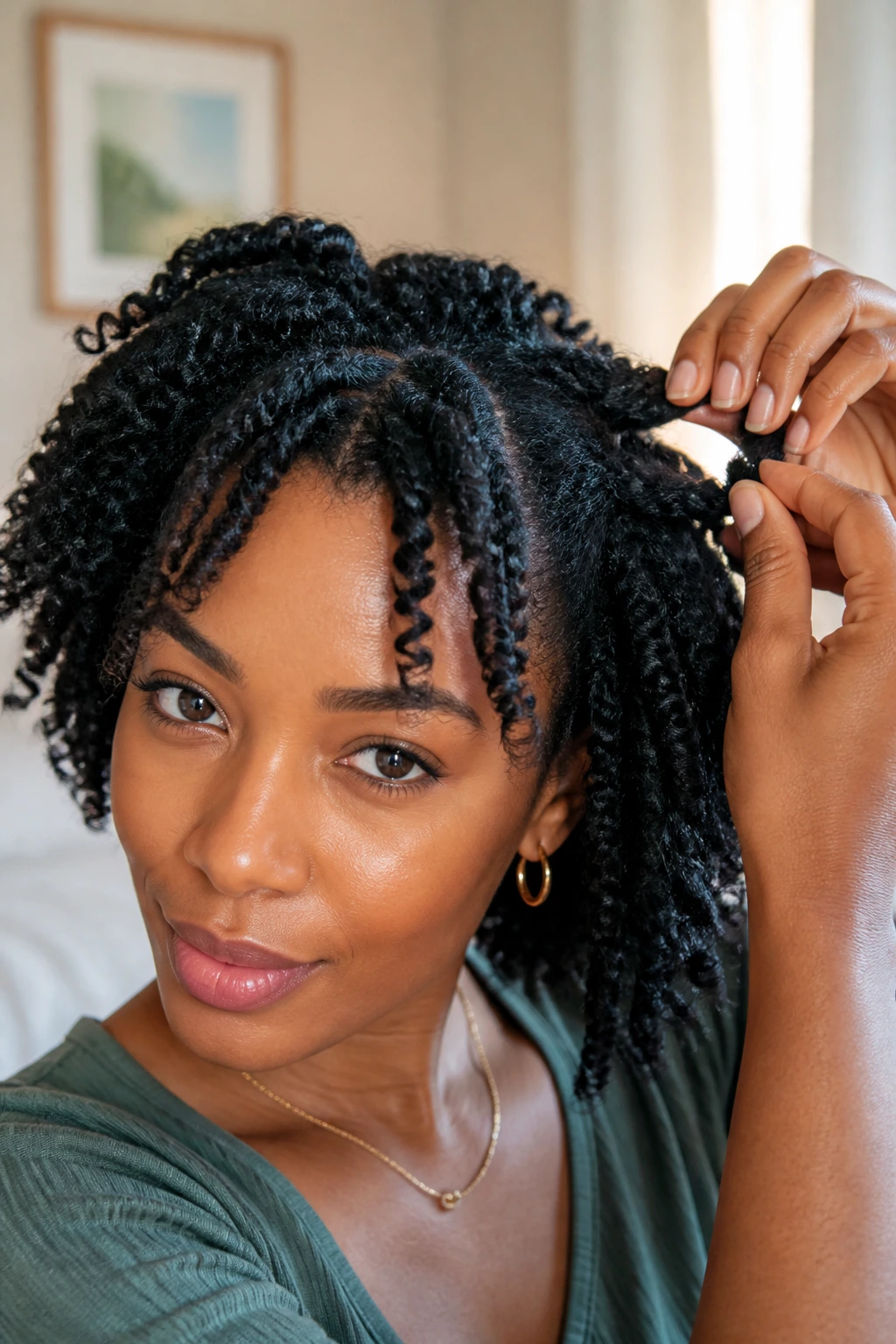 Portrait of a person with a twist-out hairstyle showing refreshed curls near the face