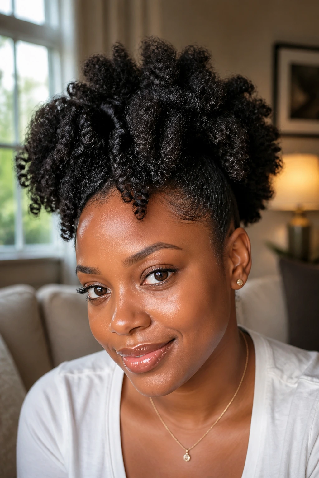 Close-up of a Black woman with a twist-out puff and textured coils