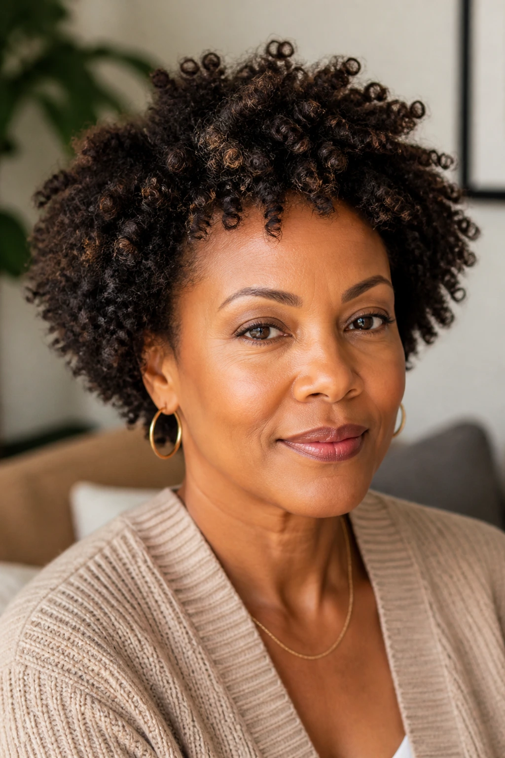 Close-up portrait of a real woman with a twist-out short Afro