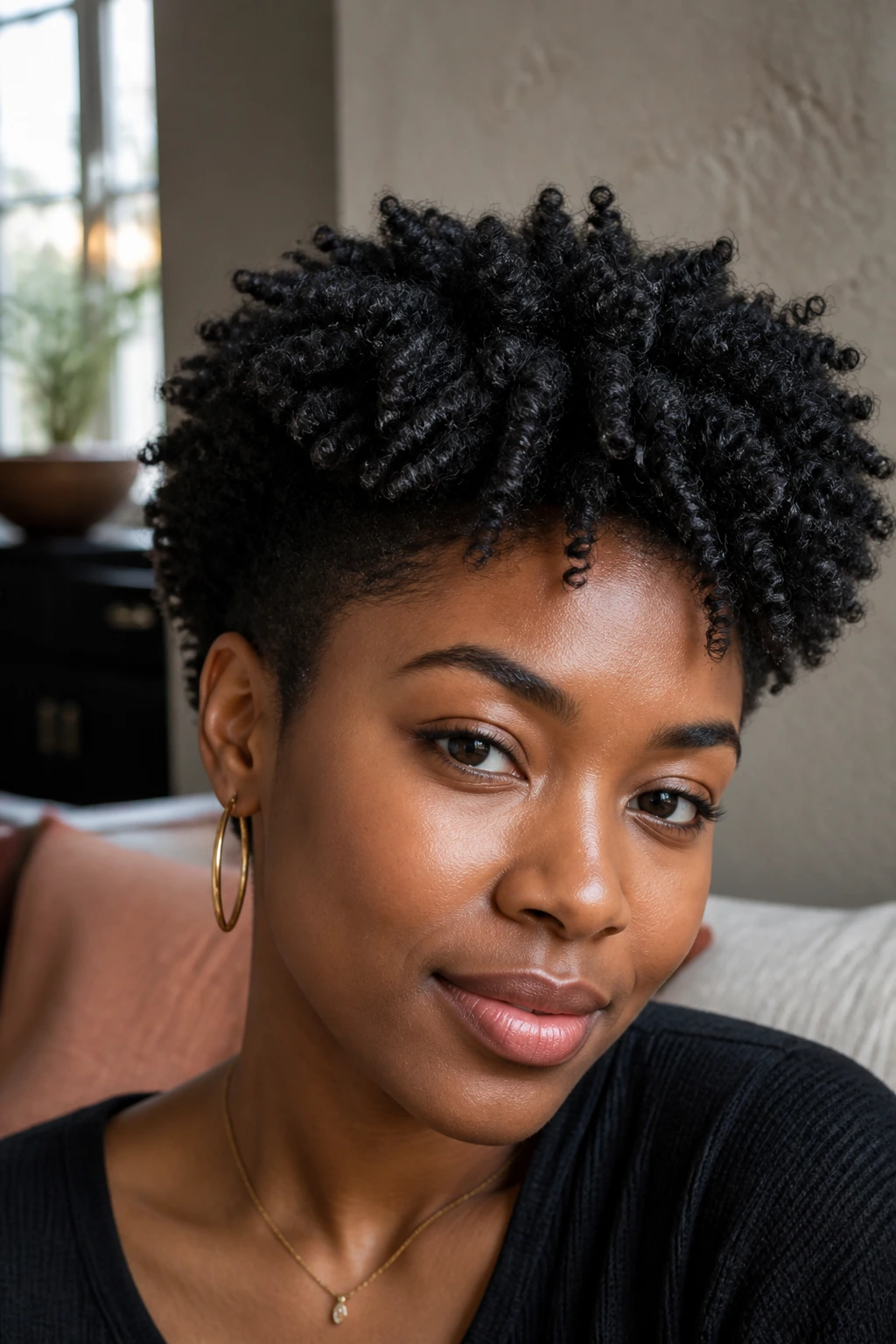 Close-up portrait of a real person with twist-out tapered afro showing textured coils