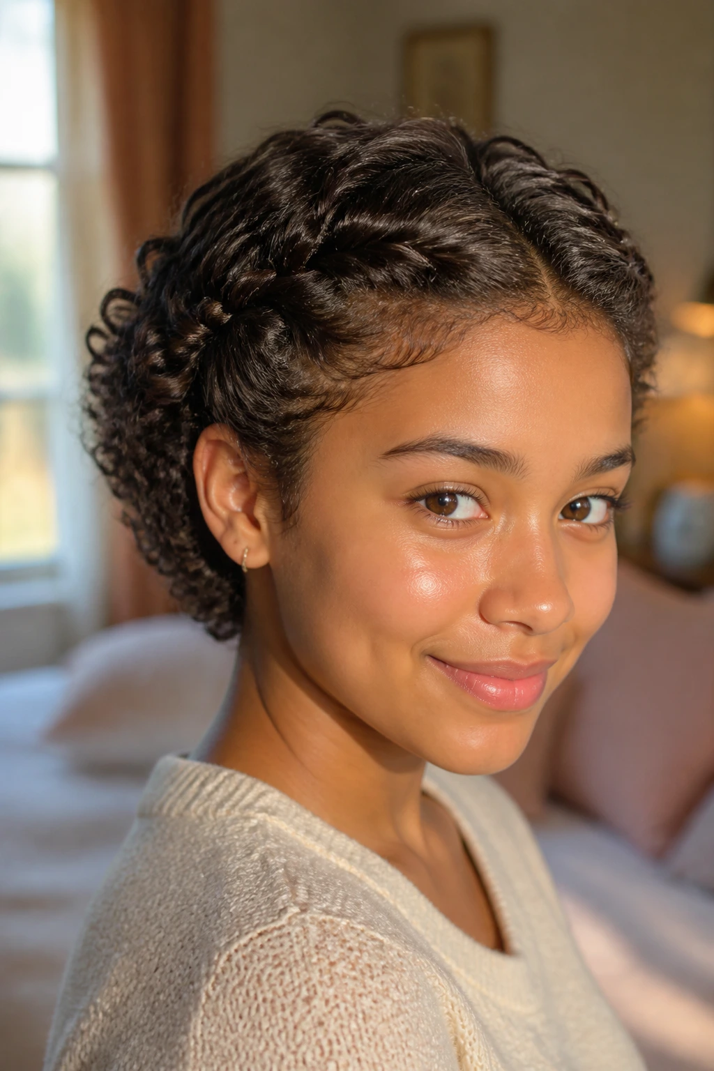 Close-up of a real teenage girl with Twist-and-Pin Crown hairstyle, twists pinned behind the crown in soft window light