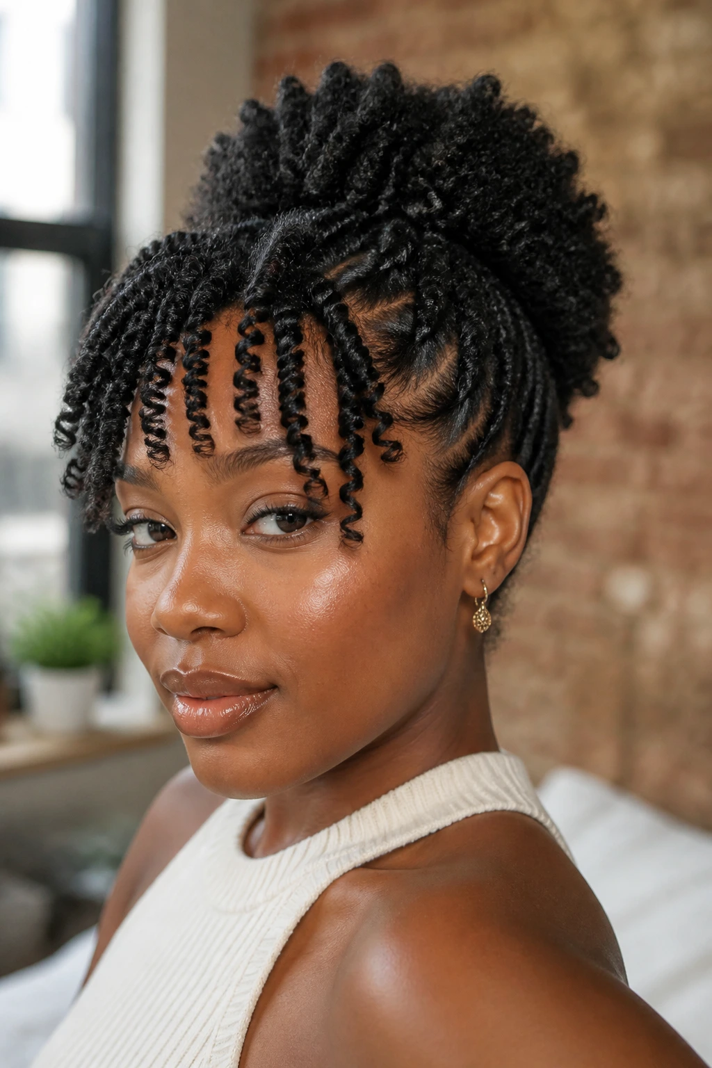 Close-up portrait of a real person with twist-and-tuck puff and coiled fringe hairstyle, lit by soft window light.