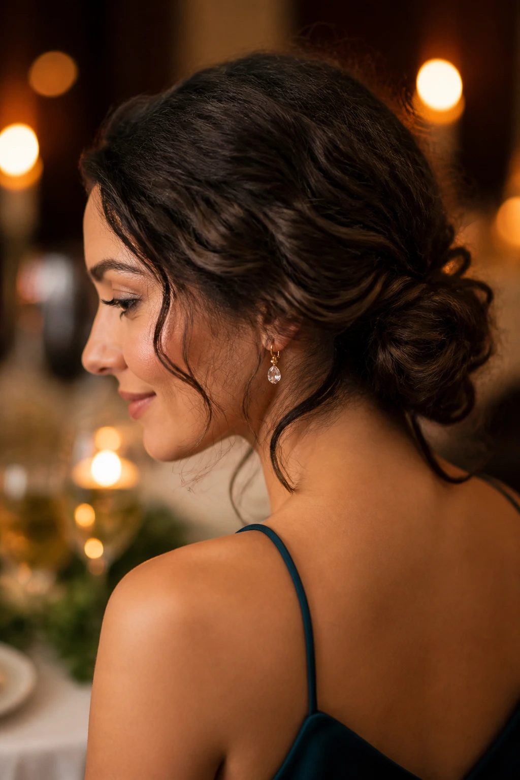 Close-up of a real woman with a twisted low chignon at the nape.