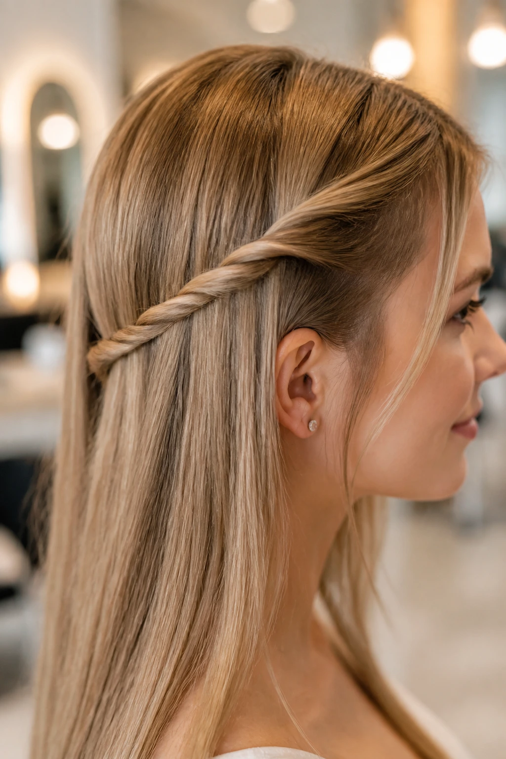 Close-up of a real woman with a twisted crown detail in hair