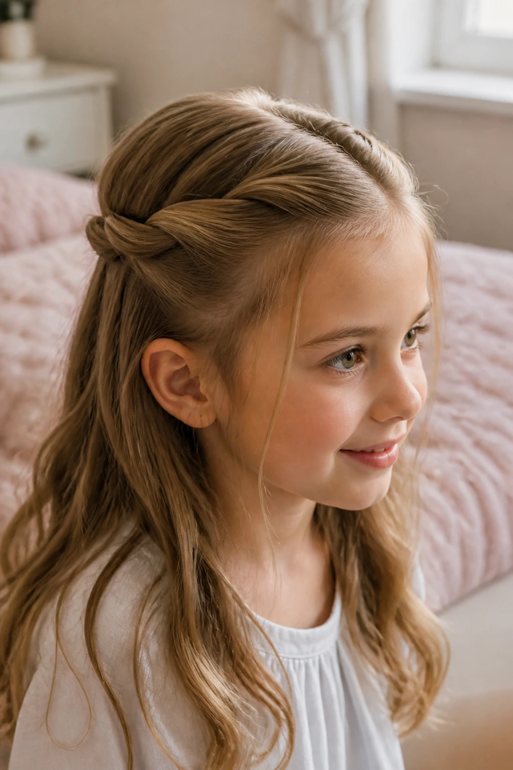 Close-up of a real child wearing a twisted crown half-up hairstyle with twists at the crown