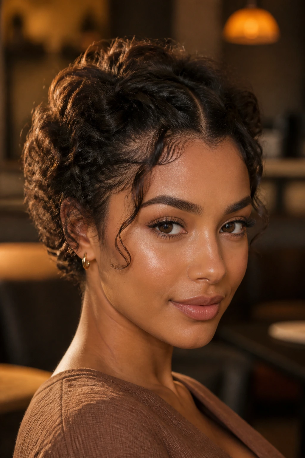 Close-up of short curls styled into a twisted crown halo