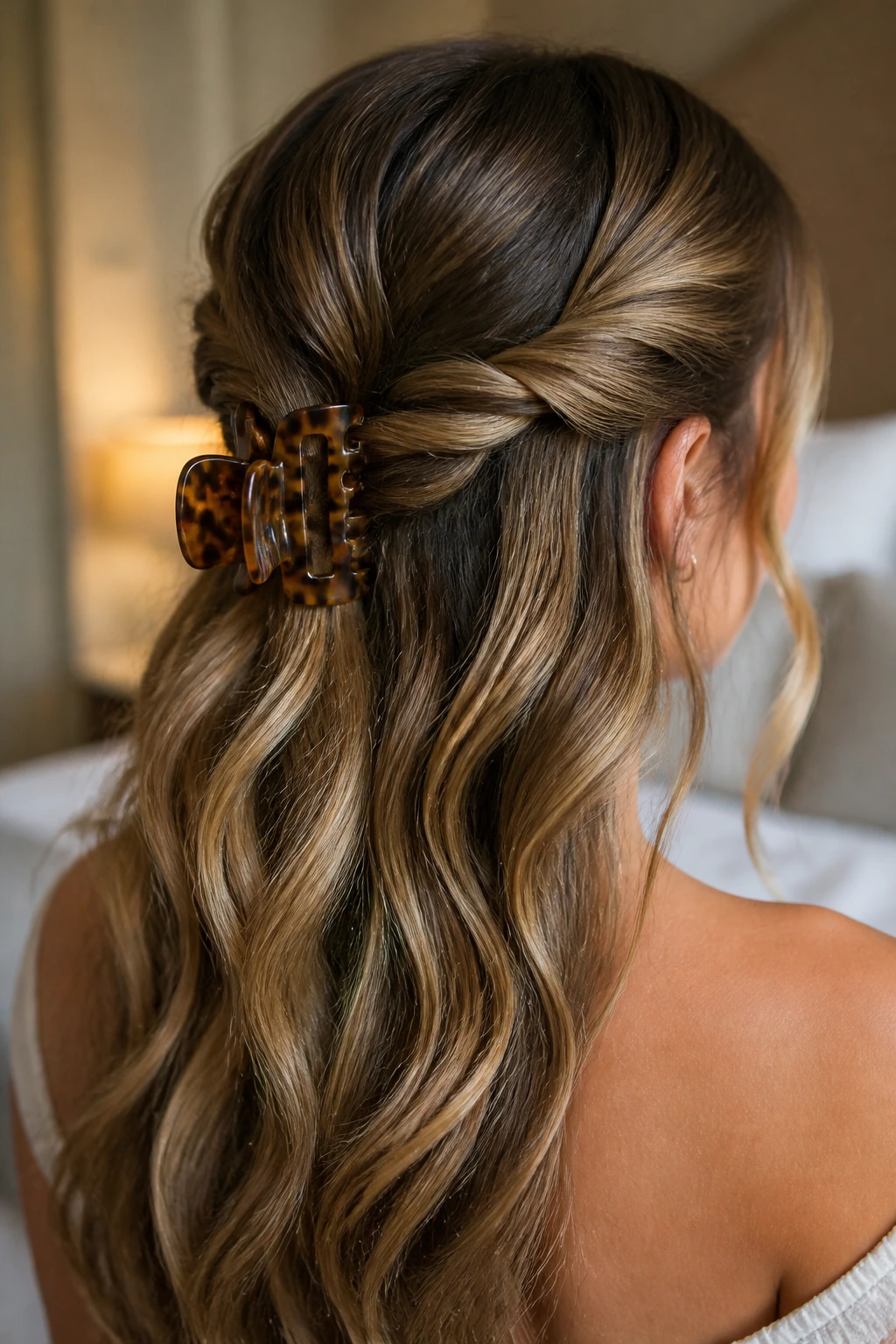 Close-up of a woman wearing a twisted half-up hairstyle with a large claw clip