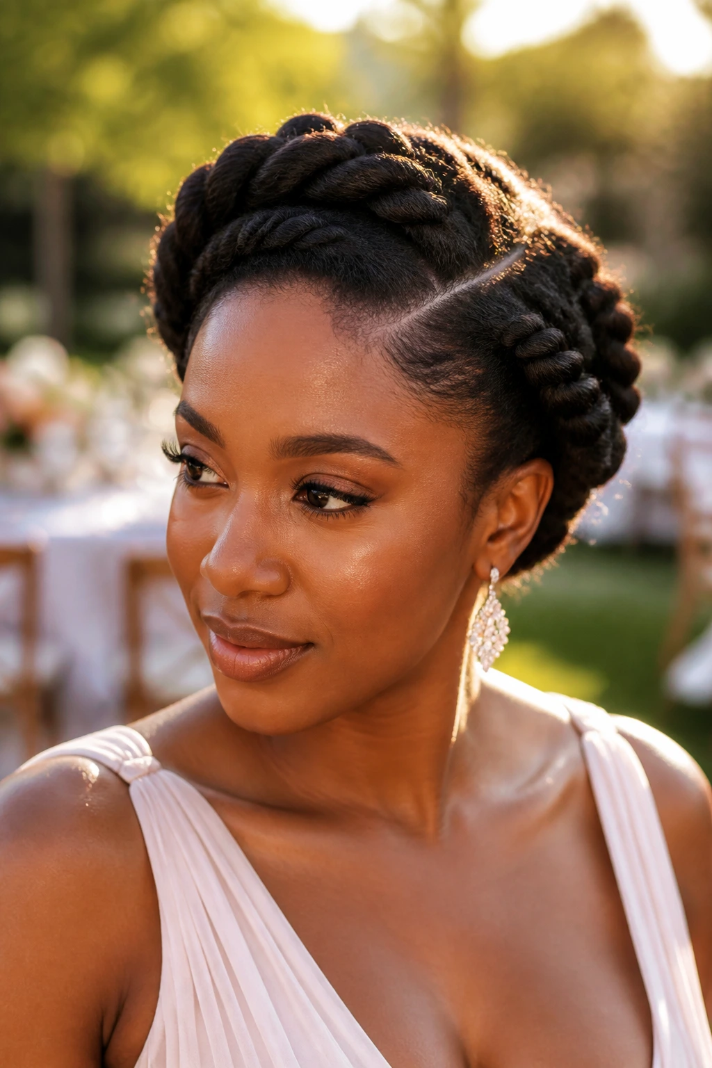 Close-up of a woman with a twisted halo Afro updo and soft part in a garden setting