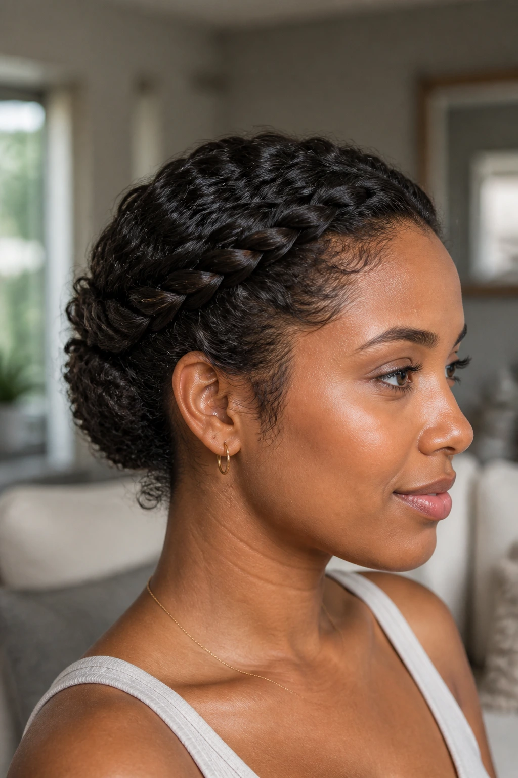 Profile shot of a real woman with temple-to-temple twists forming a halo.