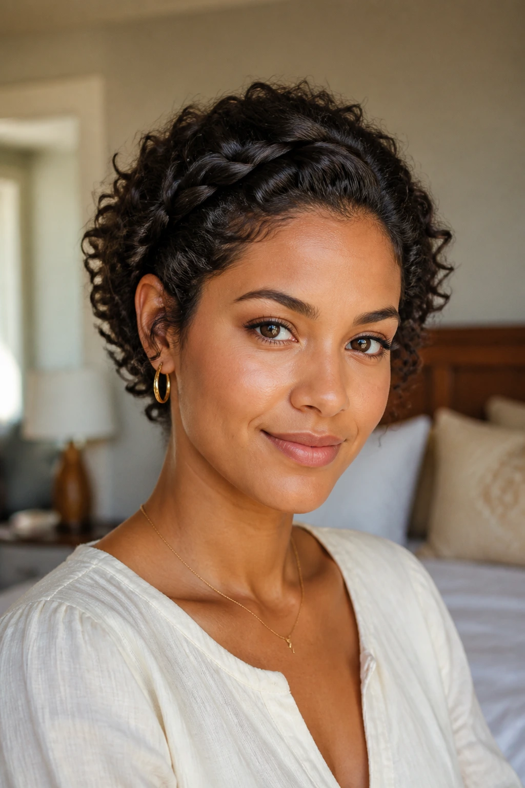 Close-up portrait of a real woman with short curls in a twisted halo at the temples, pinned at the back.