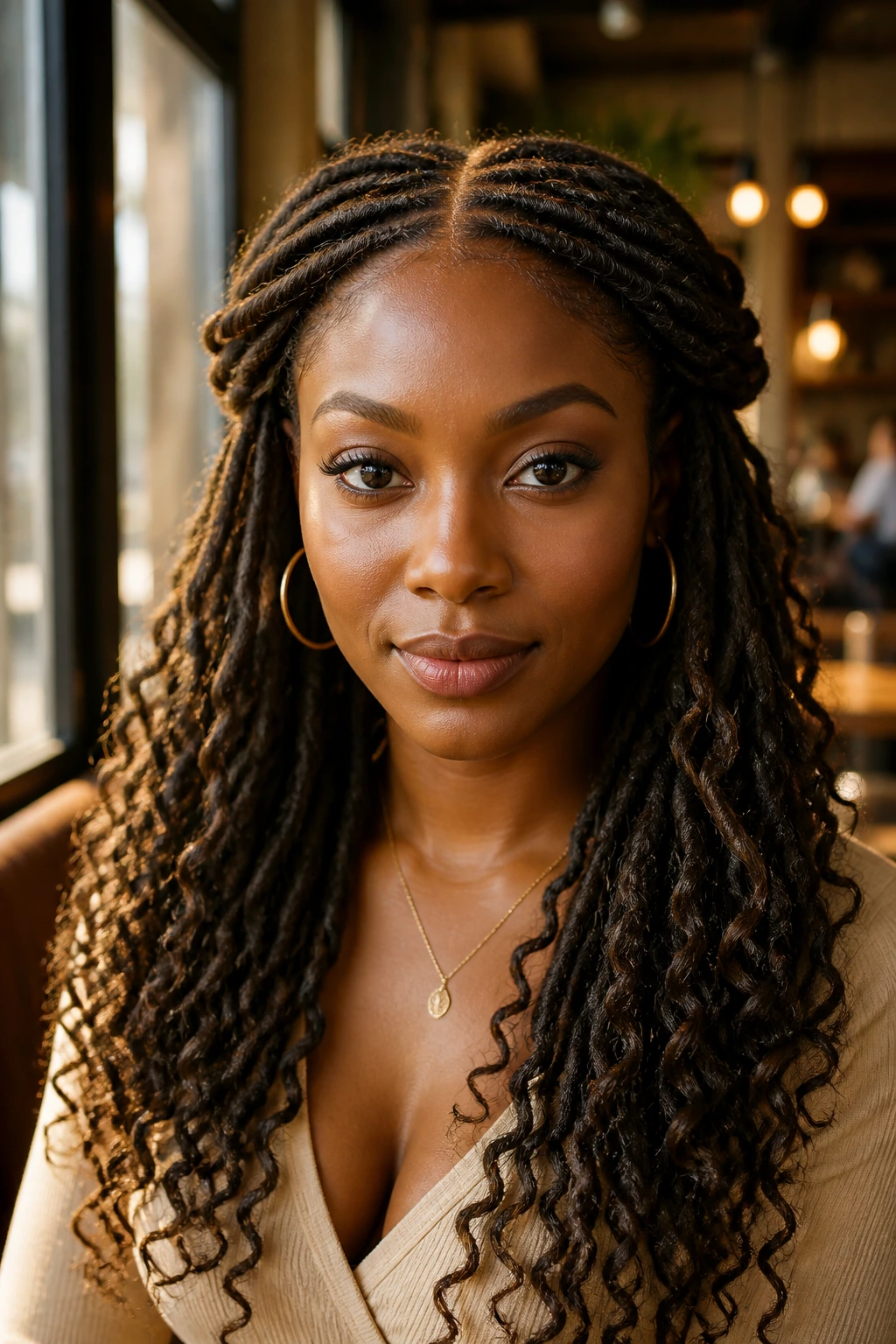 Close-up of a real woman wearing Twisted Half-Crown Curly Loc Style with front twists pinned back and soft back curls
