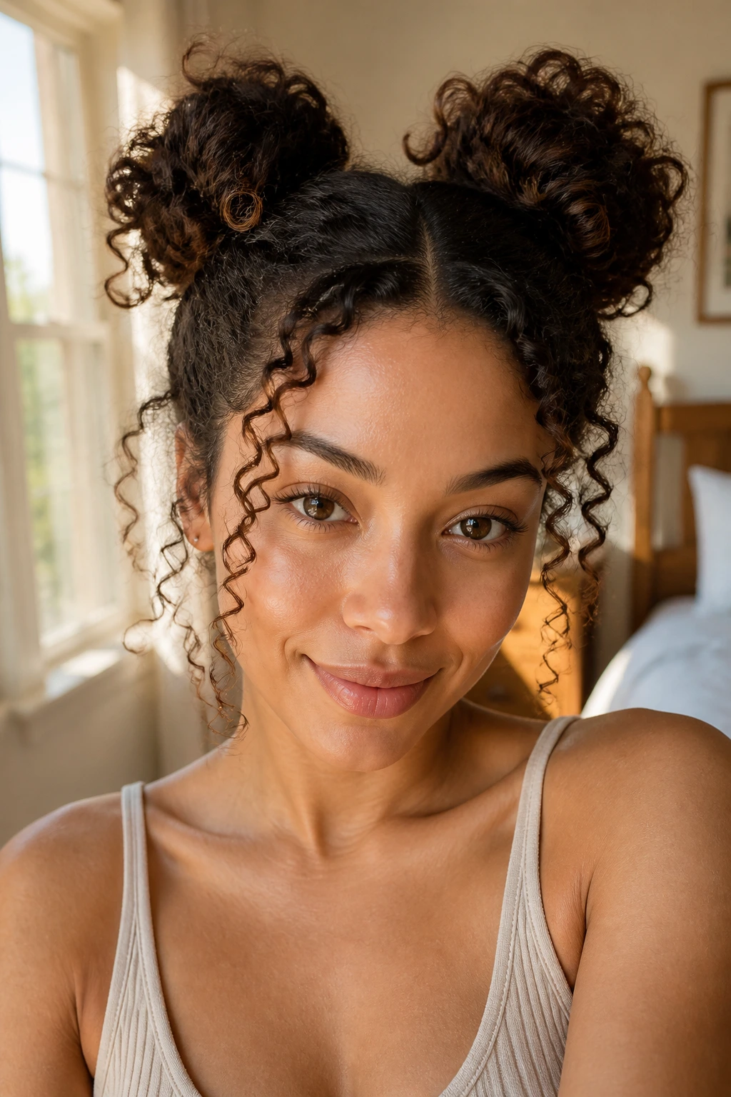 Close-up portrait of a real woman with two high buns and curling hair framing the face
