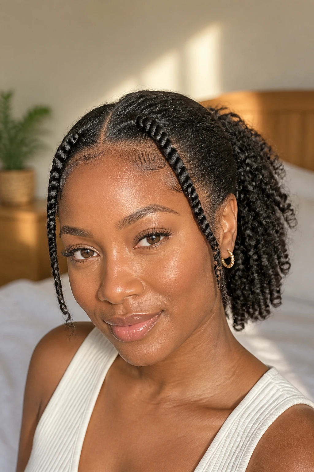 Close-up of real woman with two front flat twists and loose back curls in a cozy bedroom setting