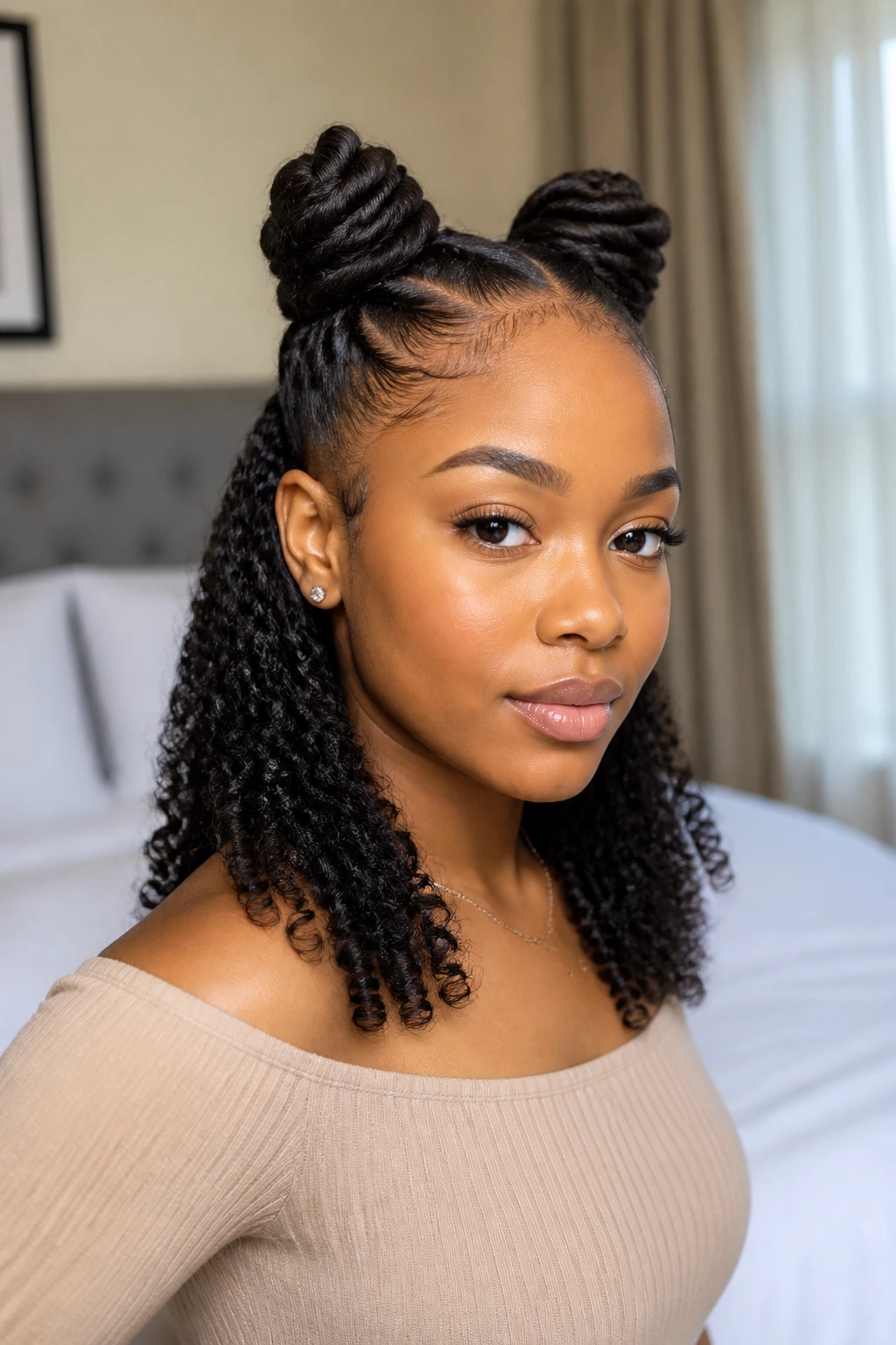 Portrait of a woman with two high knots and defined back curls.
