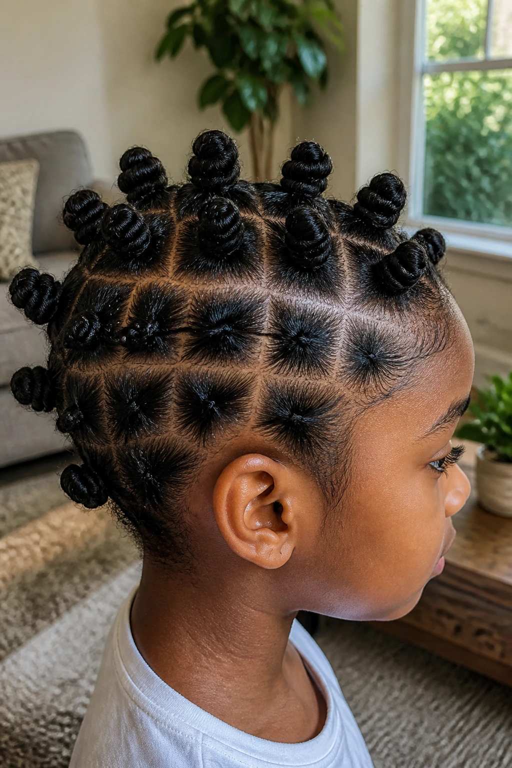 Side profile of a child with two-layer bantu knots for thick hair