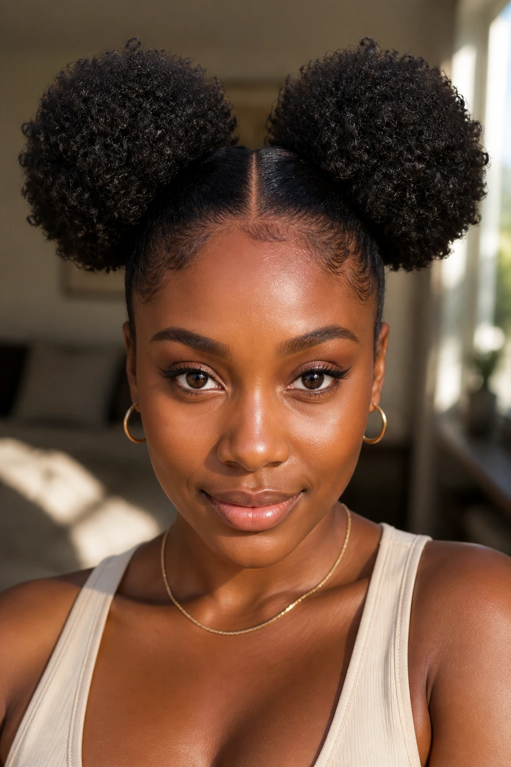 Close-up of a Black woman with two symmetrical puffs and a center part
