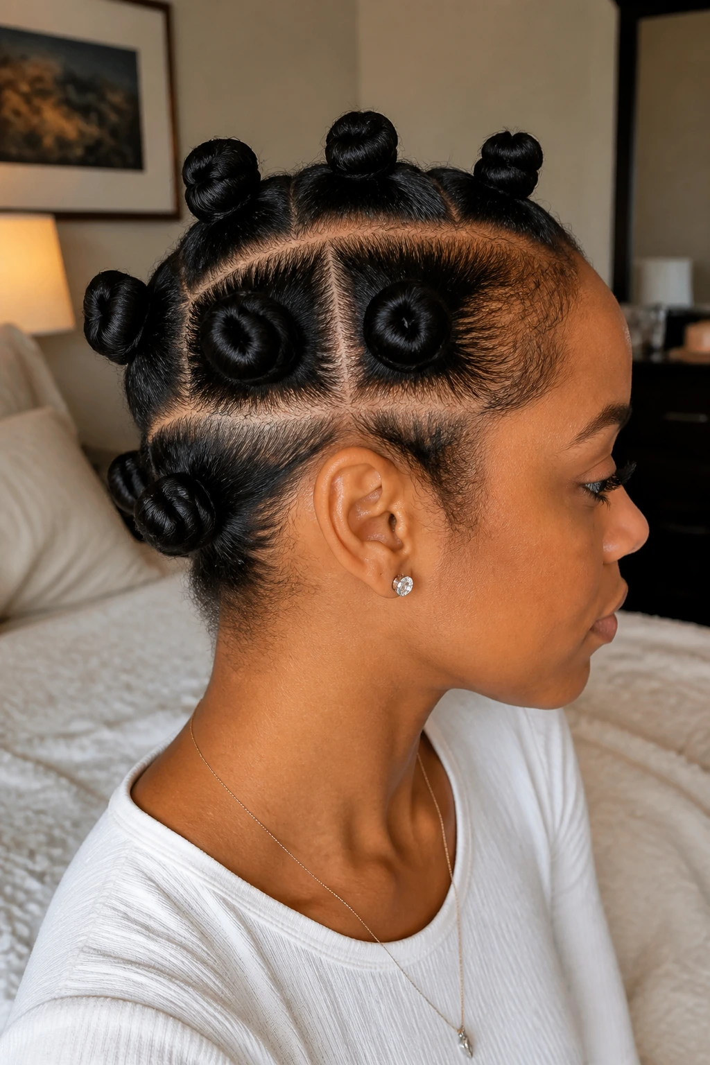 Real person displaying two-row Bantu knot arrangement with clear rows.