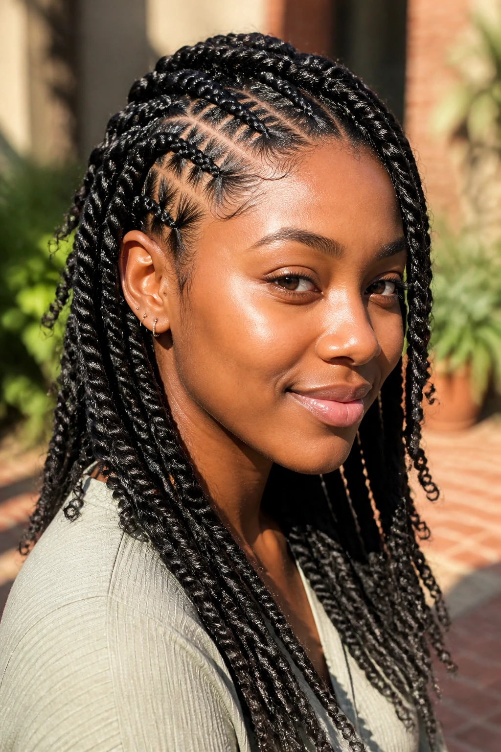 Close-up of two-strand twists and braided sections on real person