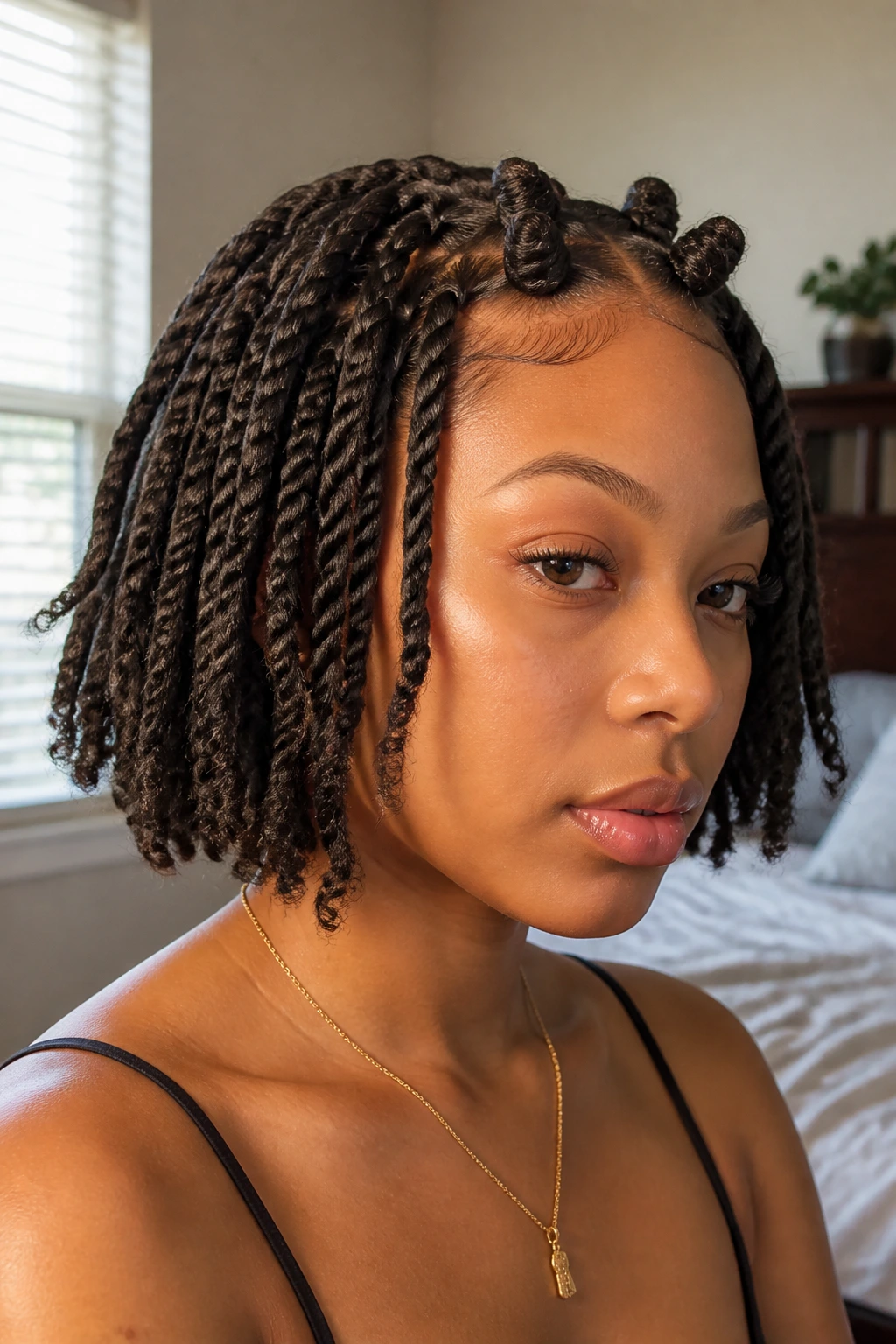 Close-up portrait of a real person with a chin-length bob showing two-strand twists and tiny front knots above the brow