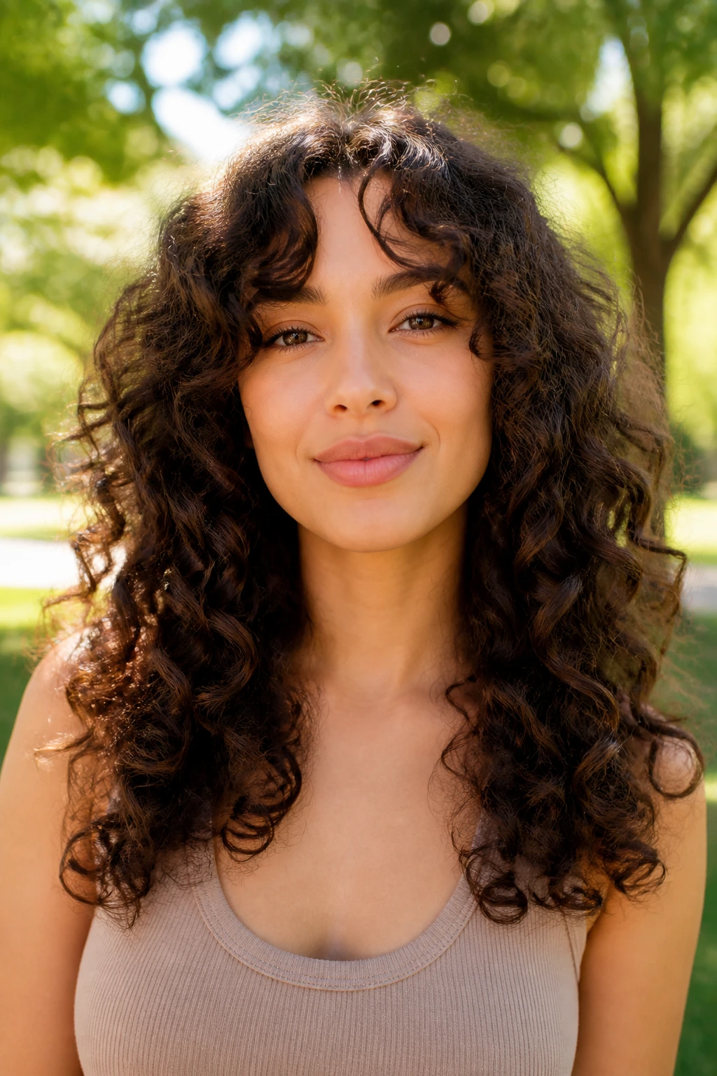Close-up portrait of a real woman with a U-shaped curl cut in curly hair