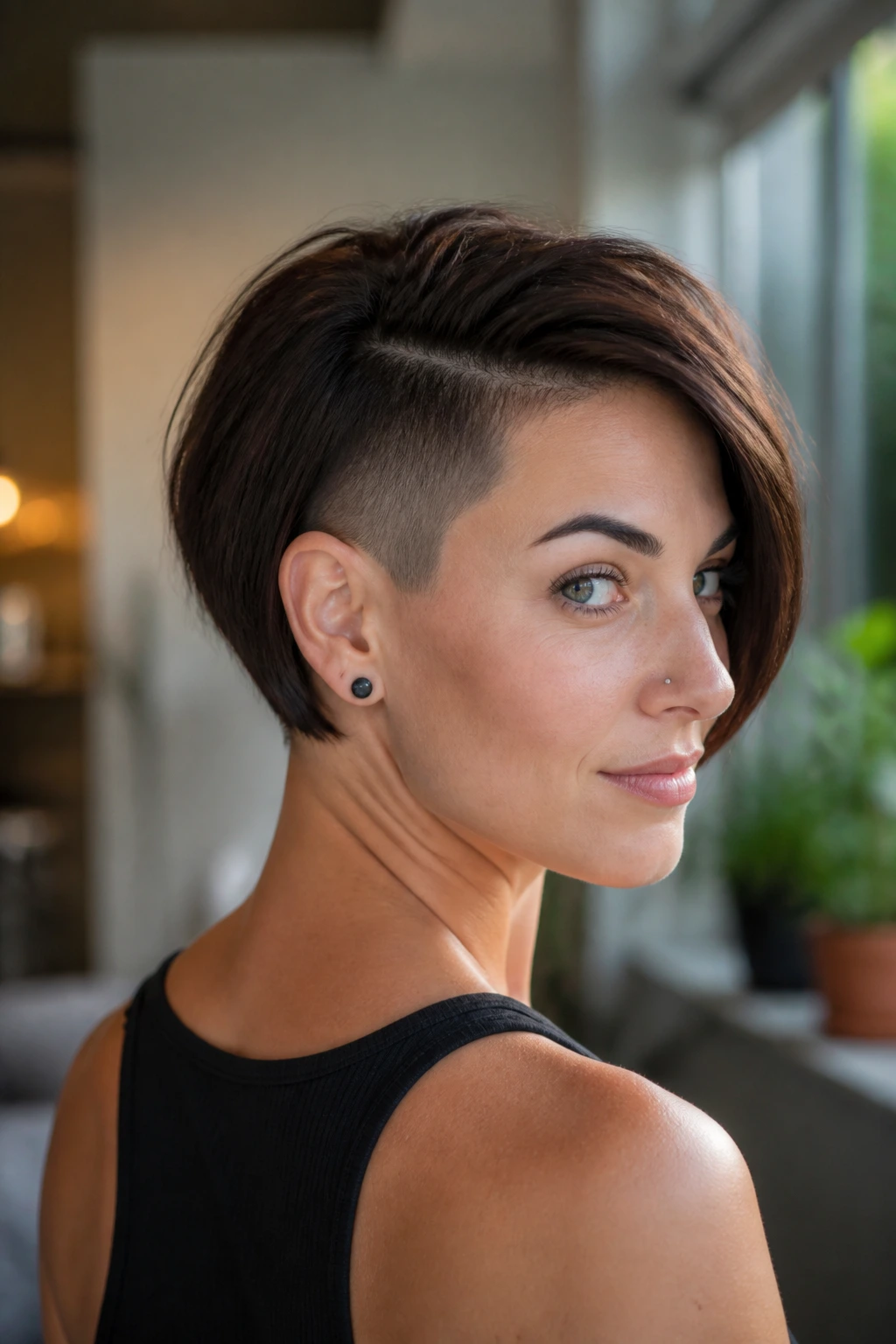 Close-up portrait of a real person with an edgy undercut bob in a cozy room