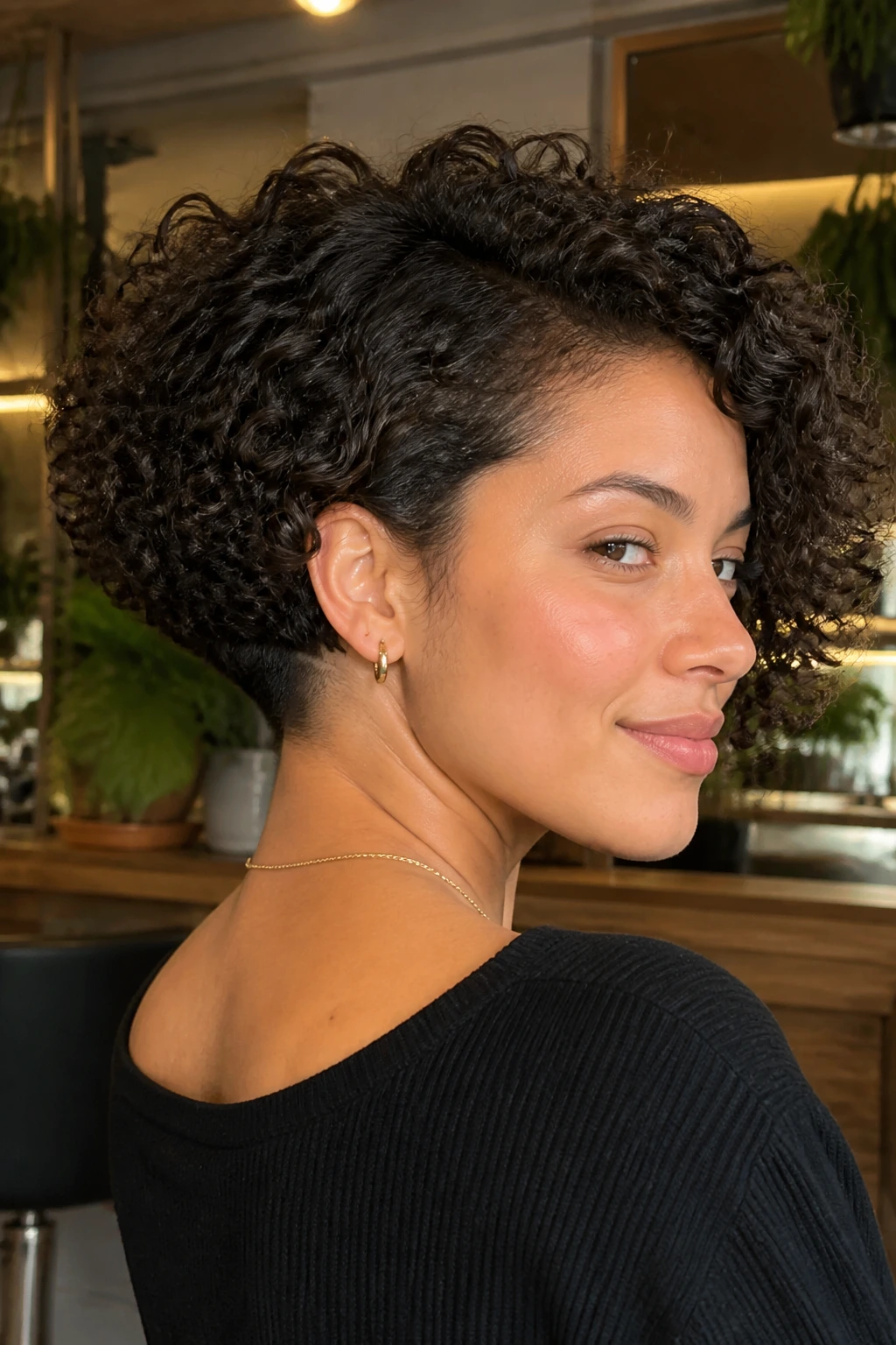 Real woman with an undercut bob for thick 3B hair showing the nape undercut.
