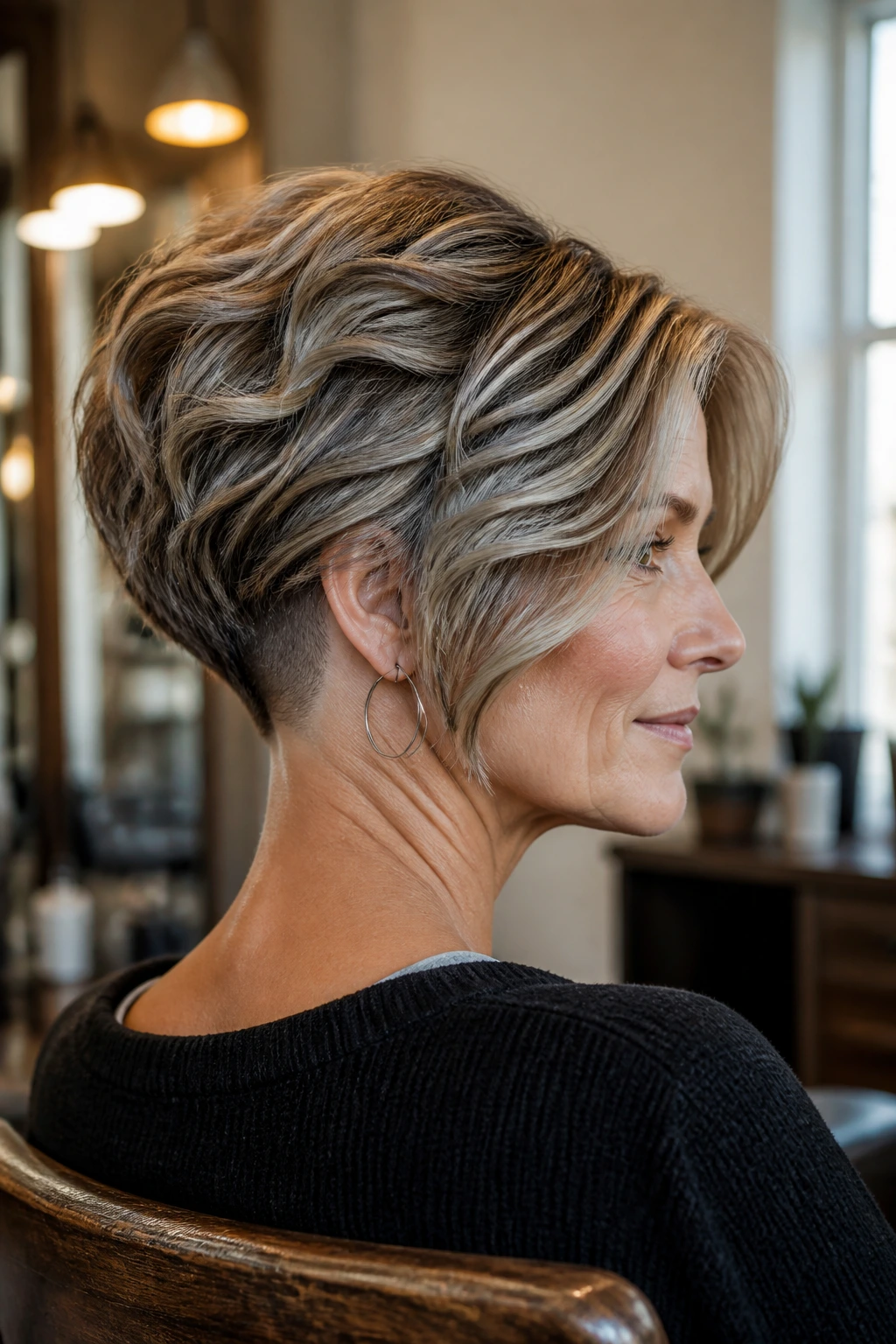 Close-up portrait of a real woman with an undercut bob for thick hair, nape shaved and longer top layer.